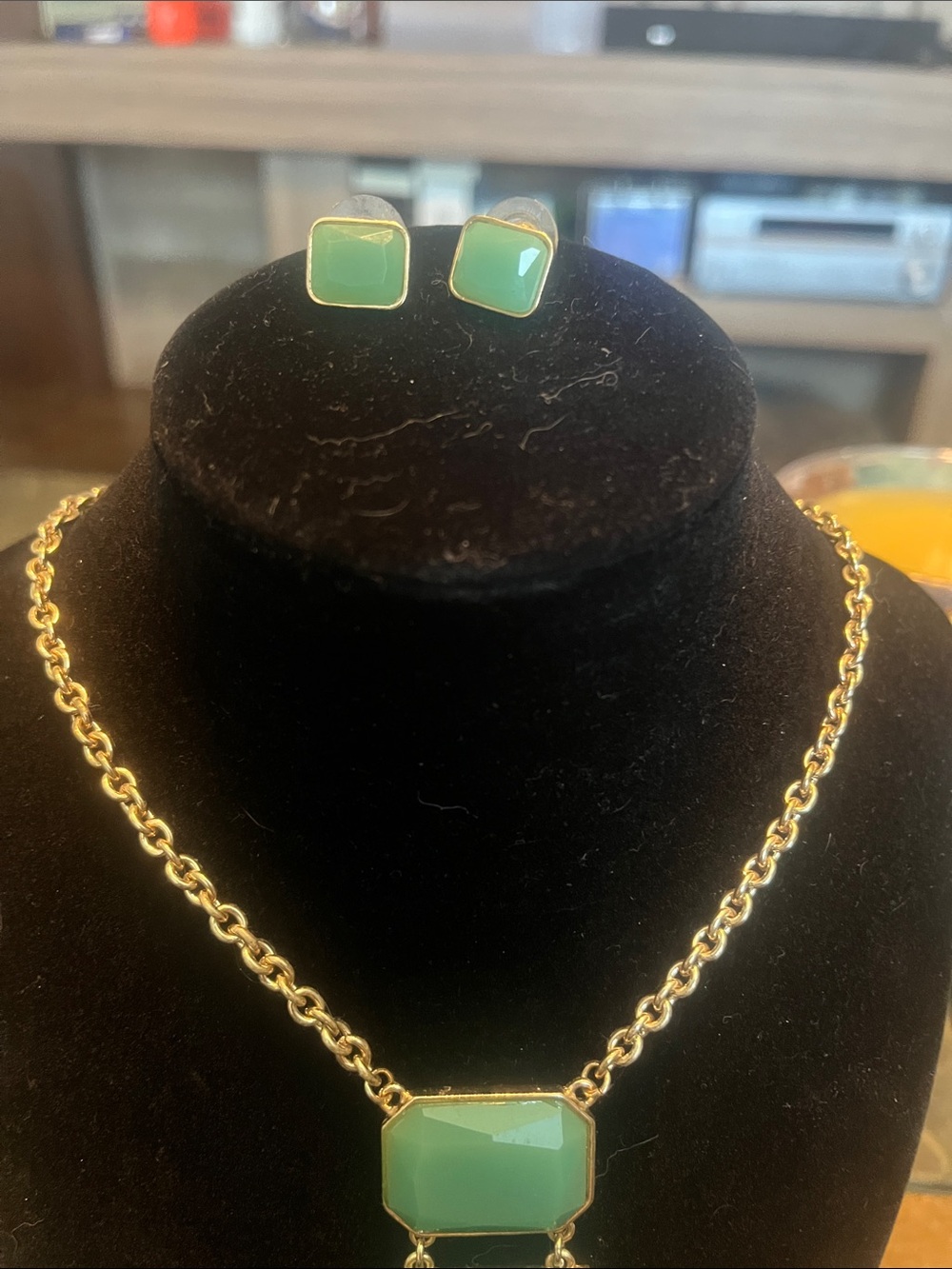 Gold Chain Necklace with Turquoise Geometric Pendant & Matching Earrings - Picture 5 of 7